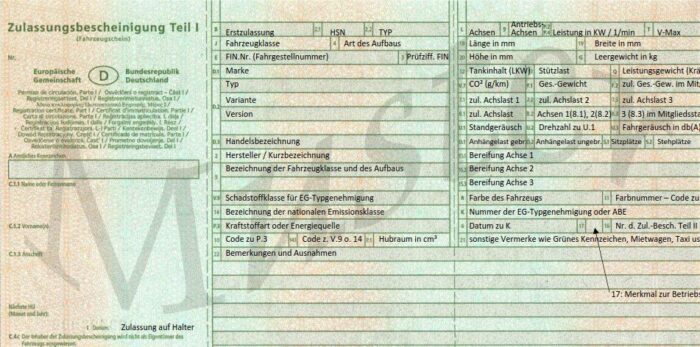 German example of license registration document